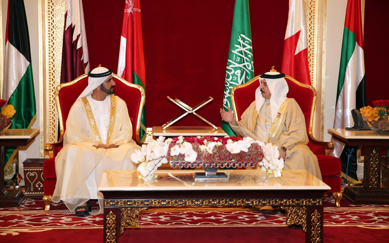Hamad bin Issa receives Mohammed bin Rashid. (SUPPLIED)