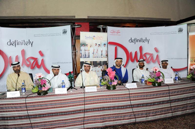 Khalifa Al Falasi and Anwar Al Hanai from DTCM, Chairman, Organising Committee, Awad bin Sheikh Mejren, Aref Al Suwaidi and Taimor Al Mashjari of the Organising Committee and Saeed Al Memari at the Travellers Festival press conference in Dubai on Tuesday.