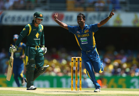 Nuwan Kulasekara of Sri Lanka celebrates taking the wicket of Phillip Hughes of Australia during the third one-day international at The Gabba on January 18, 2013 in Brisbane, Australia. (GETTY)