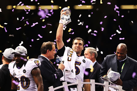 Super Bowl MVP Joe Flacco #5 of the Baltimore Ravens celebrates with the Vince Lombardi trophy after the Ravens won 34-31 against the San Francisco 49ers during Super Bowl XLVII at the Mercedes-Benz Superdome on February 3, 2013 in New Orleans, Louisiana. (AFP)