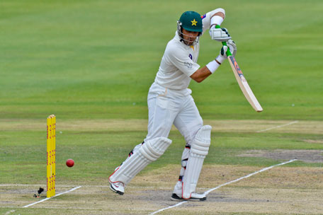 Pakistan batsman Misbah-ul-Haq hits the ball on day three of the first Test against South Africa in Johannesburg at Wanderers Stadium on  February 3, 2013. (AFP)