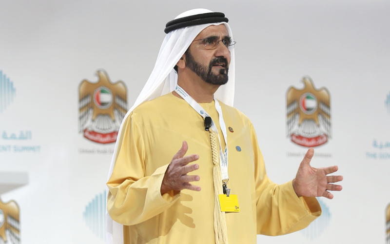 His Highness Sheikh Mohammed bin Rashid Al Maktoum addresses the audience at Government Summit in Dubai on Monday (Wam)