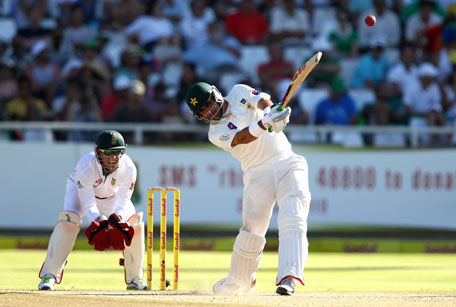 Pakistan captain Misbah-ul-Haq hits over the top for six during day 3 of the 2nd Test against South Africa at Sahara Park Newlands on February 16, 2013 in Cape Town, South Africa. (GETTY)