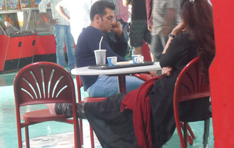 Indian film actor Salman Khan and Tabu (with her back) on the set of their upcoming movie 'Mental'. (Reader's pic)