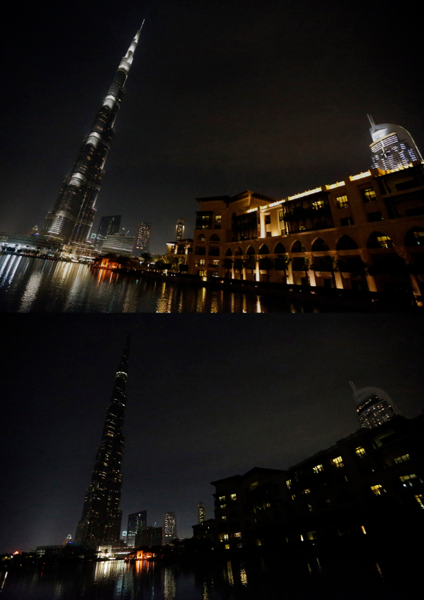 This combo image shows the lights of the Burj Khalifa tower lit up (TOP) before being switched off for an hour in Downtown Dubai, on March 23, 2013, as iconic landmarks and skylines are plunged into darkness as the "Earth Hour" switch-off of lights around the world got under way to raise awareness of climate change. (AFP)
