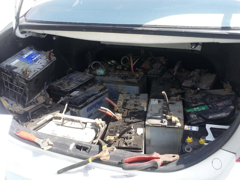 The stolen car batteries found in a taxi.