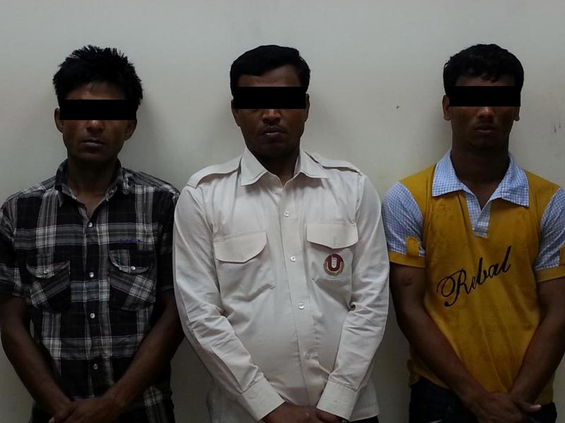 The three car battery thieves nabbed by Sharjah Police.