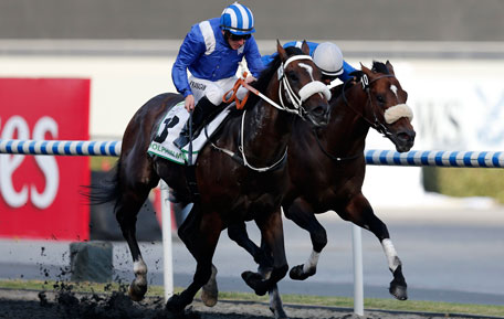 Paul Hanagan, riding Soft Falling Rain of South Africa, races towards the finish line during the second race "Godolphin Mile" of the Dubai World Cup at the Meydan Racecourse in Dubai March 30, 2013. (REUTERS)