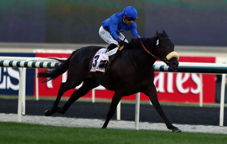Jockey Silvestre de Sousa leads Cavalryman, owned by Godolphin stables, to win the 10 million-dollar Dubai World Cup, the world's richest horse race, at the Meydan race track in the Gulf emirate on March 30, 2013. (AFP)