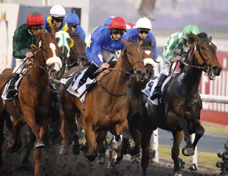 Winner of UAE Derby # 4 Lines of Balttle and jockey Rayan Moore during Dubai World Cup race in Dubai. March 29. 2013. Photo by Osama Abughanim