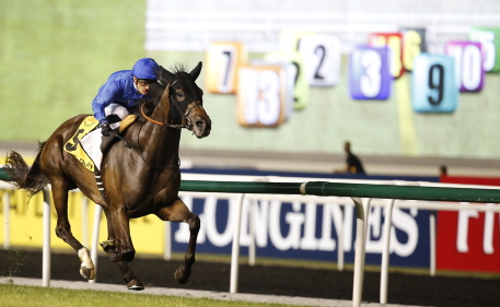 Winner of Dubai duty free #5 Sajhaa and jockey Silvester de Sousa during Dubai World Cup race in Dubai. March 29. 2013. Photo by Osama Abughanim