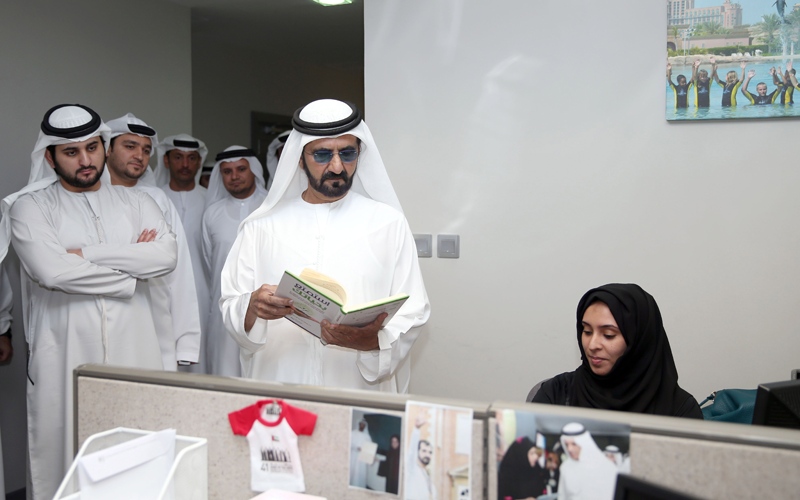 His Highness Sheikh Mohammed bin Rashid Al Maktoum and Sheikh Maktoum bin Mohammed bin Rashid Al Maktoum visit offices of the Roads and Transport Authority and Dubai Department of Tourism and Commerce Marketing on Monday (Wam)