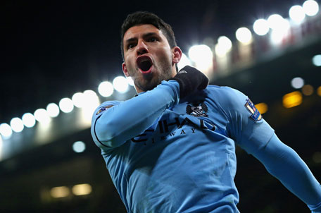 Sergio Aguero of Manchester City celebrates scoring his team's second goal during the Barclays Premier League match against Manchester United at Old Trafford on April 8, 2013 in Manchester, England. (GETTY)