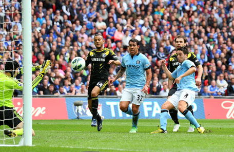 Samir Nasri of Manchester City (8) scores the opening goal during the FA Cup semifinal against Chelsea at Wembley Stadium on April 14, 2013 in London, England. (GETTY)
