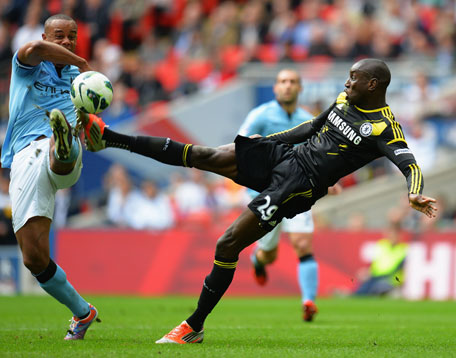 Demba Ba of Chelsea scores their first goal during the FA Cup semifinal against Manchester City at Wembley Stadium on April 14, 2013 in London, England. (GETTY)