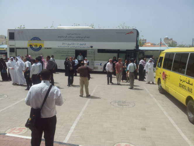 Media and school officials being taken a trial run of the school transport system