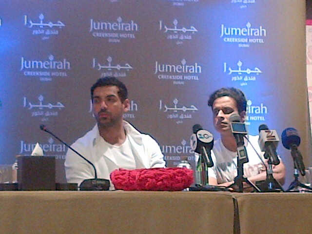 John Abraham and Manoj Bajpayee addressing the press conference in Dubai on Thursday.