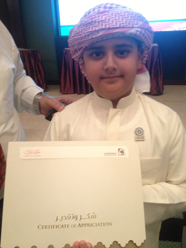 Adeeb Suleiman, 7, from Ras al Khaimah is awarded by Dubai Municipality on the occasion of World Intellectual Property Day. He has the rights for eight to ten products (SUPPLIED)