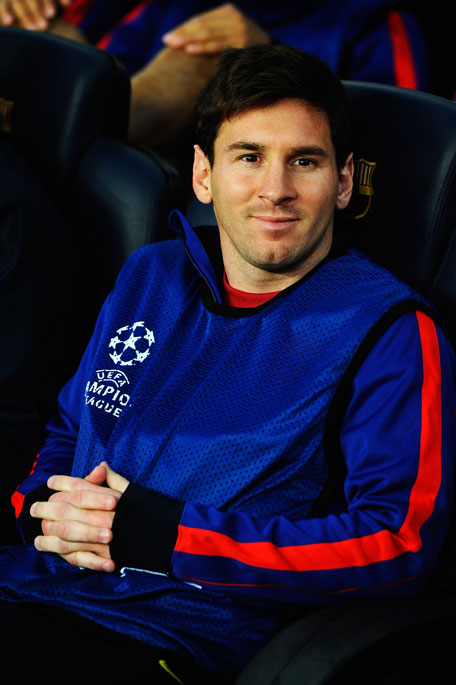 Lionel Messi of Barcelona takes his seat on the substitutes bench before the UEFA Champions League semifinal second leg against Bayern Munich at Nou Camp on May 1, 2013 in Barcelona, Spain. (GETTY)