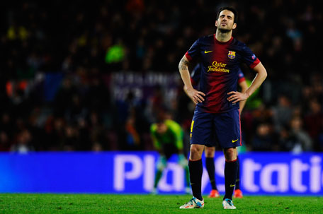 Cesc Fabregas of Barcelona reacts as his side concede their third goal during the UEFA Champions League semifinal second leg against Bayern Munich at Nou Camp on May 1, 2013 in Barcelona, Spain. (GETTY)
