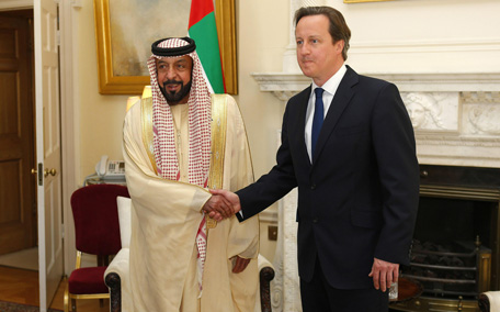 UAE President Sheikh Khalifa bin Zayed Al Nahayan (L) with Britain's Prime Minister David Cameron (R) at 10 Downing Street in Central London. (AFP)