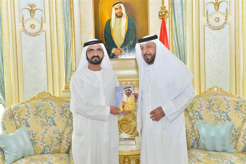 His Highness Sheikh Khalifa bin Zayed Al Nahyan receives a copy of the book from His Highness Sheikh Mohammed bin Rashid Al Maktoum at Al Rowda Palace today. (Wam)