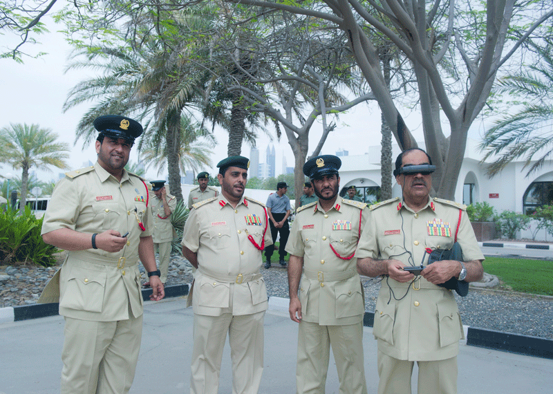 Dubai Police officers trying out the unmanned aircraft for monitoring football fans in stadiums.