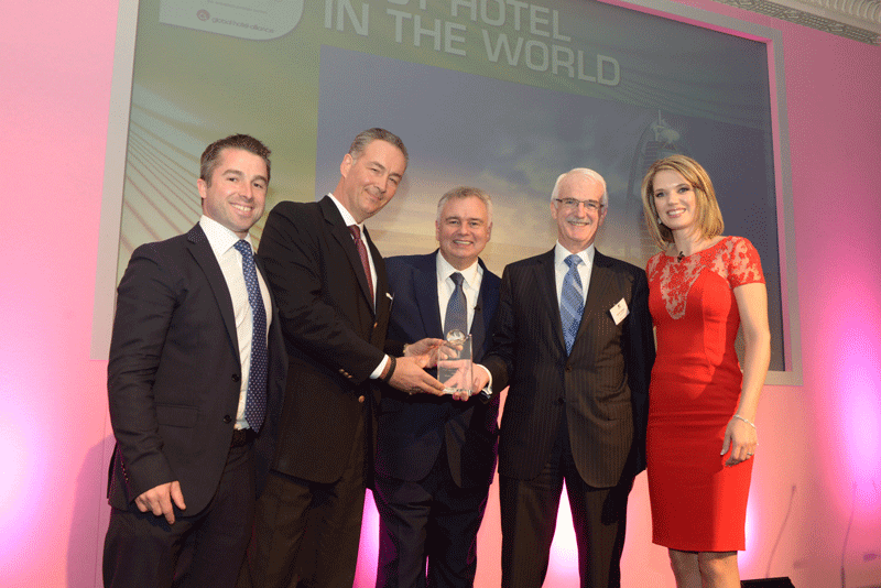 (L – R) Charles Starmer Smith of Daily Telegraph, Heinrich Morio, General Manager of Burj Al Arab, Eamonn Holmes,Sky News presenter, Gerald Lawless, President and Group CEO of Jumeirah Group, and Charlotte Hawkins, Sky News presenter at the awards ceremony in London on May 20.
