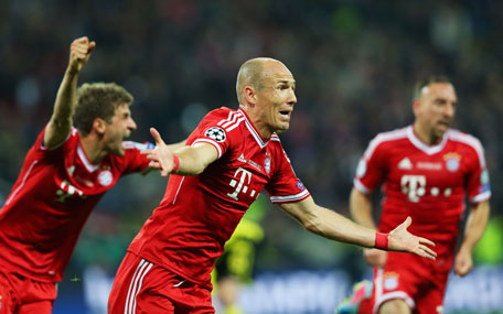 Arjen Robben of Bayern Munich celebrates after scoring a goal during the UEFA Champions League final agianst Borussia Dortmund at Wembley Stadium on May 25, 2013 in London, United Kingdom. (GETTY)