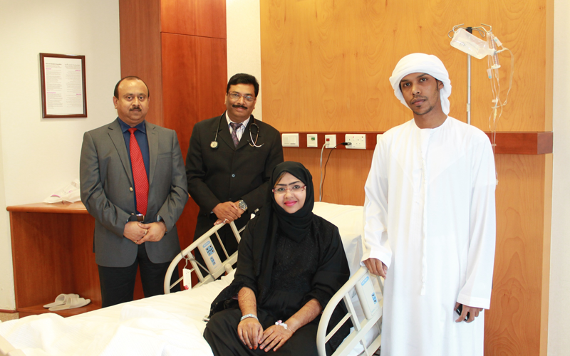 Patient Zahra Marhoon Abdulla Saeed Ruwaihi with her husband and Dr. Arun Goyal and Dr. Ajay Kumar Kanojia. (Supplied)