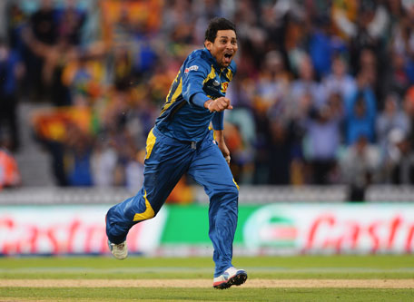 Tillakaratne Dilshan of Sri Lanka celebrates after taking the wicket of Clint McKay of Australia to wrap up victory during the ICC Champions Trophy Group A fixture at The Oval on June 17, 2013 in London, England. (GETTY)