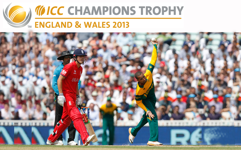 South Africa's Robin Peterson (right) bowls to England's Ian Bell during their ICC Champions Trophy semifinal at the Oval cricket ground in London, on Wednesday, June 19, 2013. (AP)