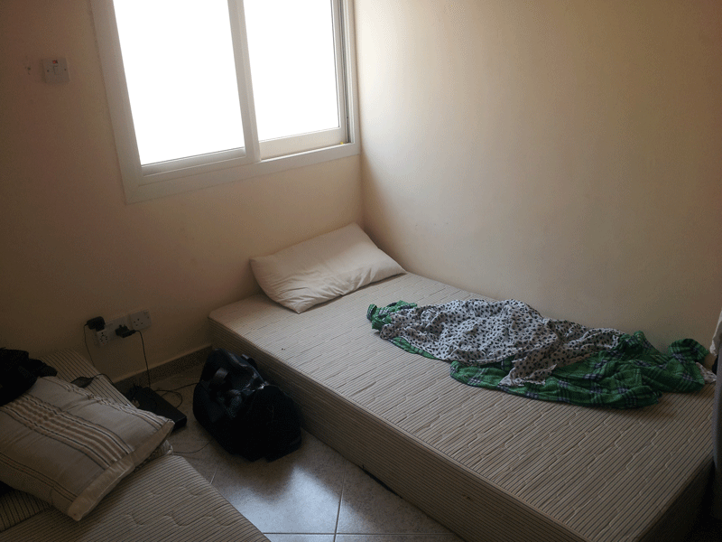 The bedroom of Shyam Kumar Nair, 26, who died in Dubai in the house he shared with roommates working for the same employer.