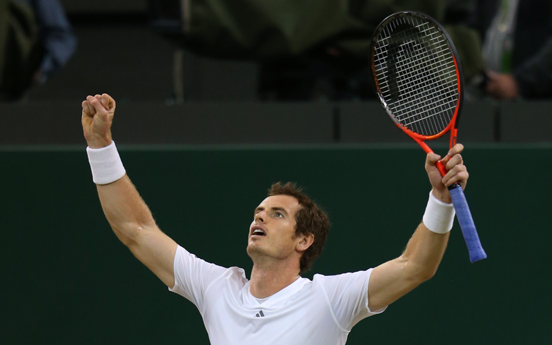 Andy Murray of Great Britain celebrates victory during the Gentlemen's Singles semi-final match against Jerzy Janowicz of Poland on day eleven of the Wimbledon Lawn Tennis Championships at the All England Lawn Tennis and Croquet Club on July 5, 2013 in London, England. (Getty Images)