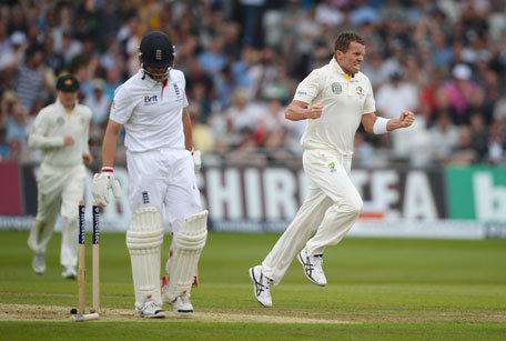 Peter Siddle of Australia celebrates the wicket of Jonathan Trott of England during day one of the 1st Ashes Test at Trent Bridge Cricket Ground on July 10, 2013 in Nottingham, England. (GETTY)