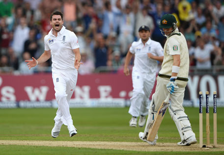 James Anderson of England celebrates the wicket of Michael Clarke of Australia during day one of the 1st Ashes Test at Trent Bridge Cricket Ground on July 10, 2013 in Nottingham, England. (GETTY)