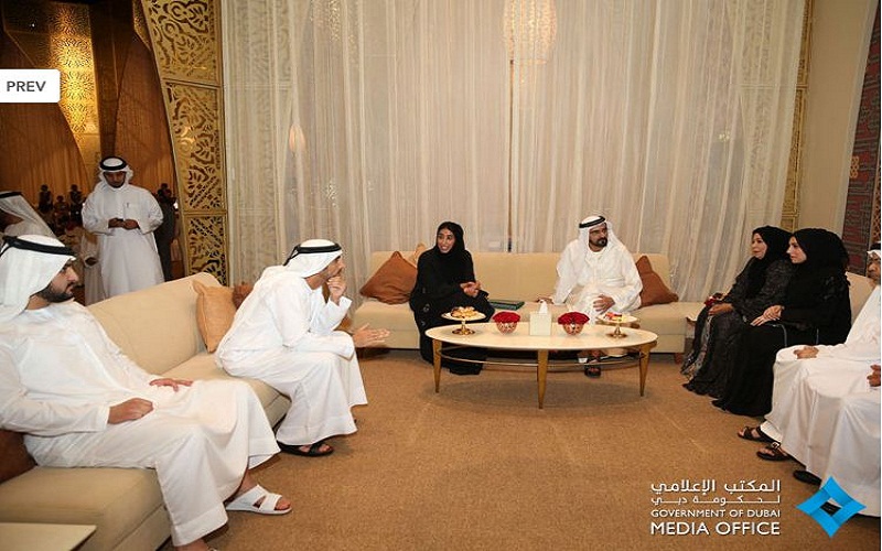 Sheikh Mohammed, Sheikh Hamdan bin Mohammed and Sheikh Maktoum bin Mohammed, with Mona Al Marri, Director General of Dubai Government Media Office and media personalities (Supplied)