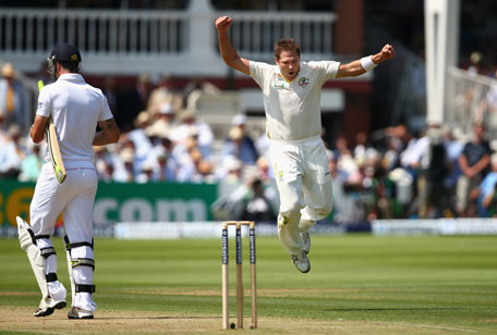 Ryan Harris of Australia celebrates after taking the wicket of Kevin Pietersen of England during day one of the 2nd Ashes Test at Lord's Cricket Ground on July 18, 2013 in London, England. (GETTY)