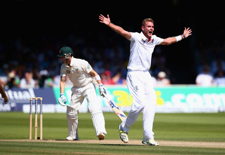 Stuart Broad of England celebrates after taking the wicket of Michael Clarke of Australia during day two of the 2nd Ashes Test at Lord's Cricket Ground on July 19, 2013 in London, England. (GETTY)