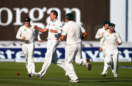 Peter Siddle of Australia celebrates after claiming the wicket of Kevin Pietersen of England during day two of the 2nd Ashes Test at Lord's Cricket Ground on July 19, 2013 in London, England. (GETTY)