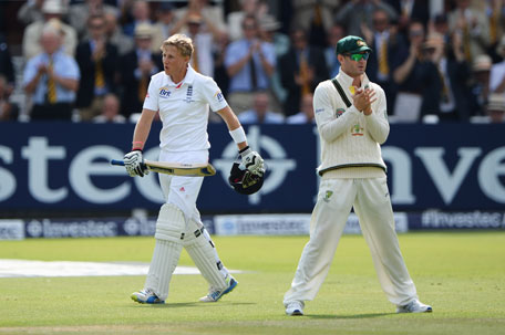 Joe Root of England celebrates his century as Michael Clarke of Australia applauds during day three of the 2nd Ashes Test at Lord's Cricket Ground on July 20, 2013 in London, England. (GETTY)