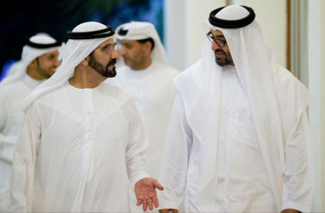 Mohammed bin Rashid in conversation with Mohammed bin Zayed during the banquet reception.