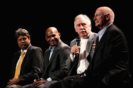 Kapil Dev, Sanath Jayasuriya, Ian Chappell and Dennis Lillee speak during the Official Launch of the ICC Cricket World Cup 2015 on July 30, 2013 in Melbourne, Australia. (GETTY)