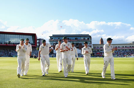 The Australian team leave the field at stumps during day two of the 3rd Investec Ashes Test against England at Emirates Old Trafford Cricket Ground on August 2, 2013 in Manchester, England. (GETTY)