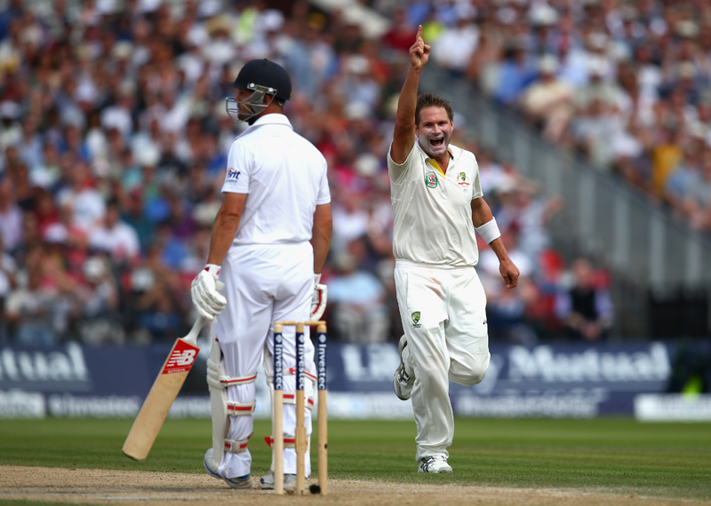 Ryan Harris of Australia celebrates after taking the wicket of Jonathan Trott of England during day three of the 3rd Investec Ashes Test match between England and Australia at Emirates Old Trafford Cricket Ground on August 3, 2013 in Manchester, England. (Getty Images)