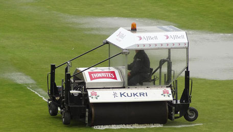 Water currently being cleared off the outfield. (ECB_cricket) (picture courtesy TWITTER)