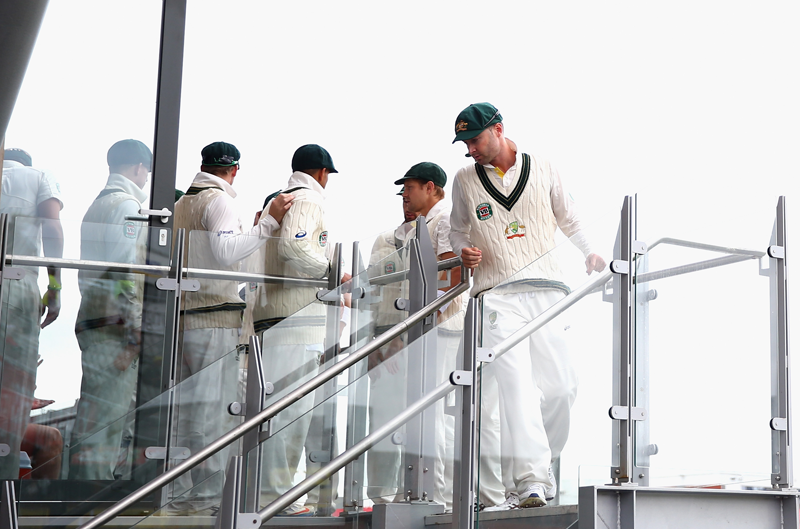 Michael Clarke of Australia leads his team onto the field during day five of the 3rd Investec Ashes Test match between England and Australia at Emirates Old Trafford Cricket Ground on August 5, 2013 in Manchester, England. (Getty Images)