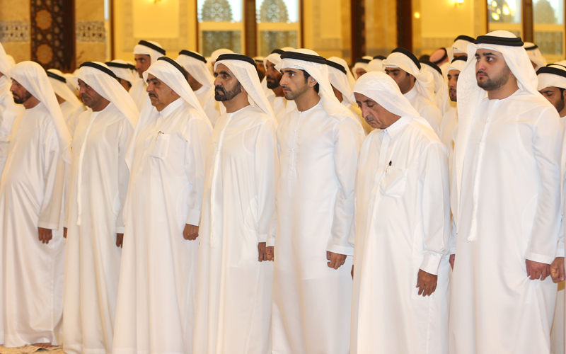 Sheikh Mohammed bin Rashid, Sheikh Hamdan bin Mohammed, Sheikh Maktoum bin Mohammed and Sheikh Hamdan bin Rashid performing Eid Al Fitr prayers along with other dignitaries at Zabeel Mosque in Dubai on Thursday. (Wam)
