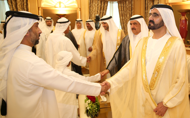 Sheikh Mohammed bin Rashid Al Maktoum receiving Eid Al Fitr well-wishers at Za&rsquo;abeel Palace on Thursday morning. (Wam)