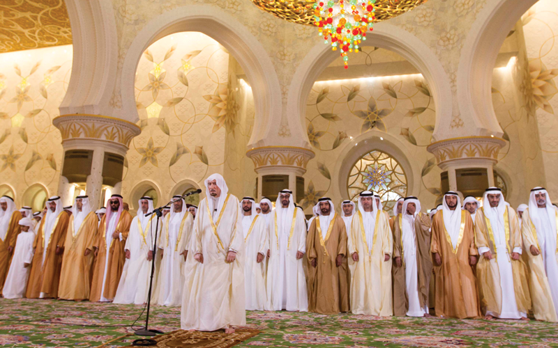 Sheikh Mohammed bin Zayed Al Nahyan performs Eid Al Fitr prayers along with other dignitaries at Sheikh Zayed Grand Mosque in Abu Dhabi on Thursday morning. (Wam)